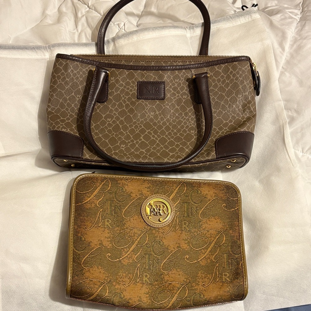 Nina Ricci  Brown Patterned Handbag and Clutch Set